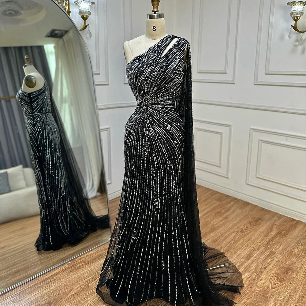 Luxury Black One Shoulder Mermaid Evening Dress with High Slit CLA72829