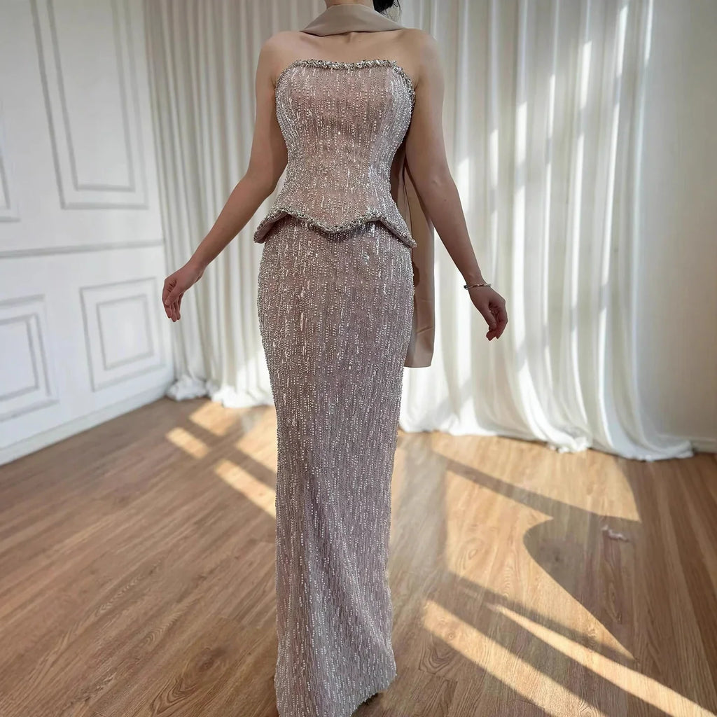 Luxury Nude Beaded Mermaid Evening Dress Strapless With Shawl CLA73076A