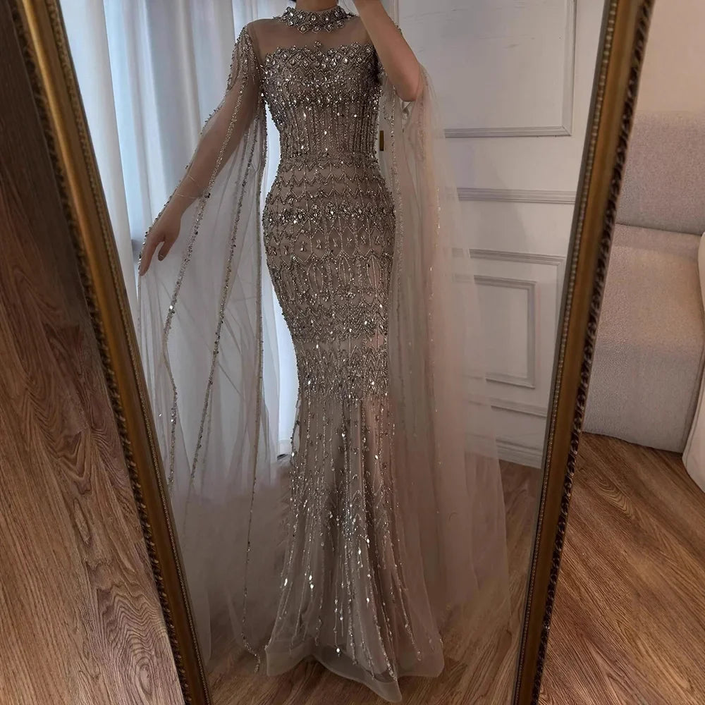Arabic Luxury Beaded Mermaid Evening Dress Modest High Neck Cape Sleeves CLA72714A