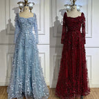 Arabic Simple Style Floral Square Neck Long Sleeves A-Line Evening Dress Women Wedding Party Gown CLA72657