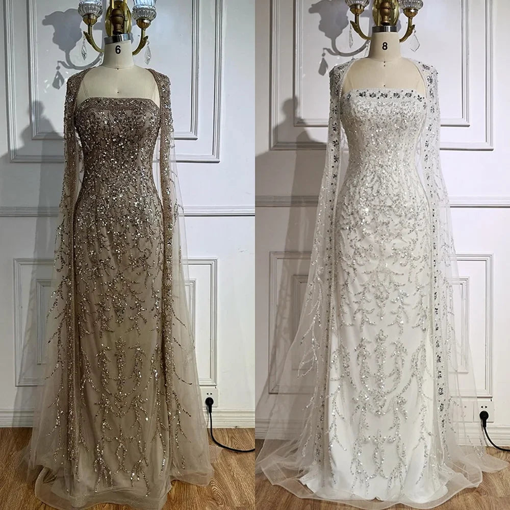 Luxury White Dubai Arabia Beaded Evening Dress With Cape CLA72870