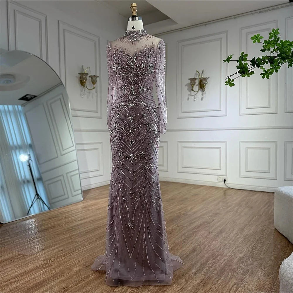 Luxury Nude Beaded Long Sleeves Modest Muslim Mermaid Evening Dress CLA73158
