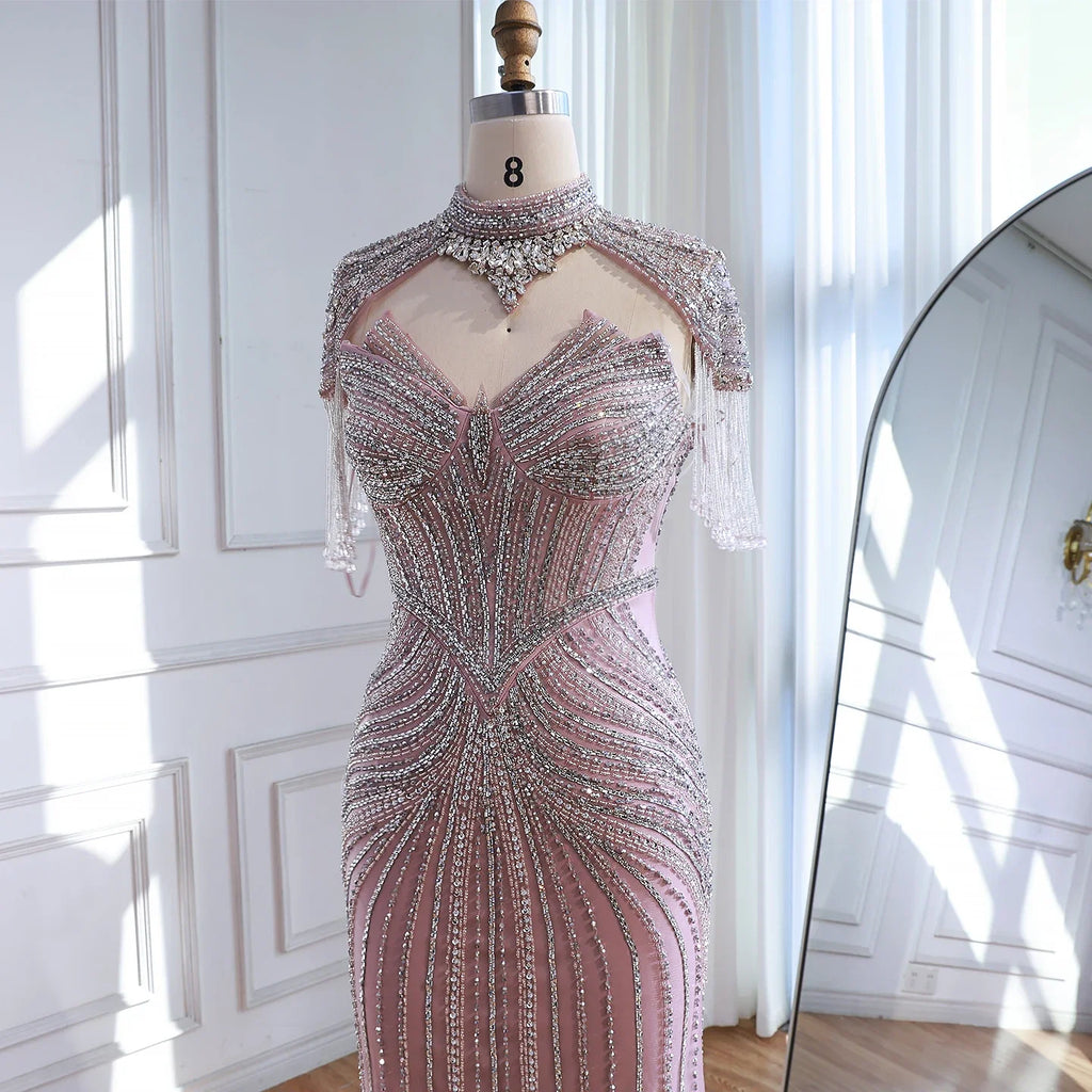 Arabic Luxury Beaded Mermaid Evening Dress With Detachable Tassels Cape CLA72891A