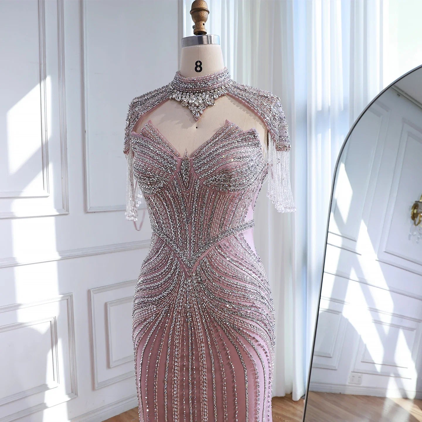 Arabic Luxury Beaded Mermaid Evening Dress With Detachable Tassels Cape CLA72891A