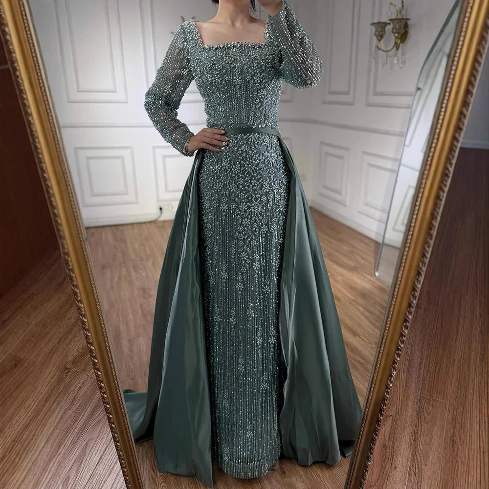Luxury Dubai Arabic Muslim Caramel Mermaid Beaded Evening Gown with Overskirt CLA72533A
