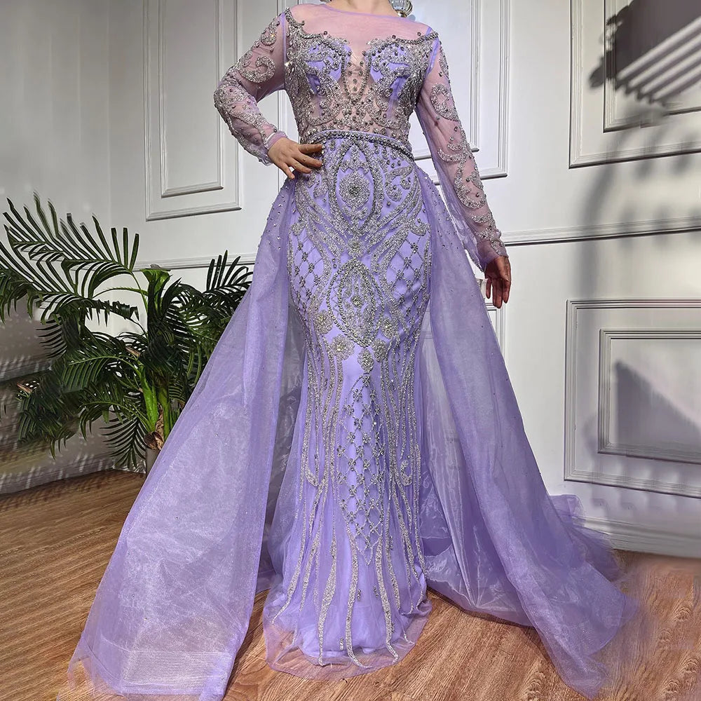 SERENE HILL  Luxury Muslim Nude Beaded Mermaid Evening Dress With Overskirt CLA71597
