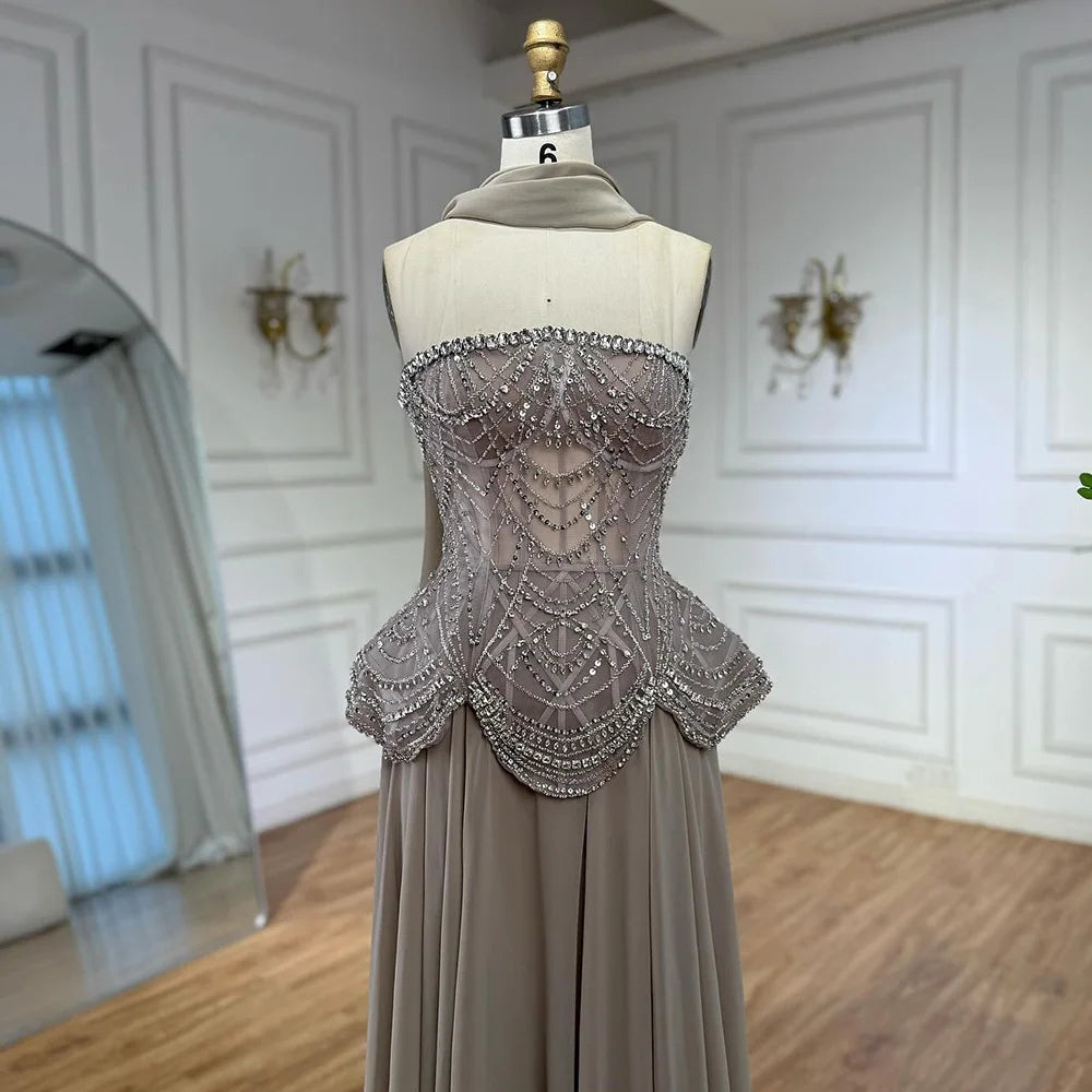 Luxury Designer Nude Beaded Chiffon Evening Dress CLA72915