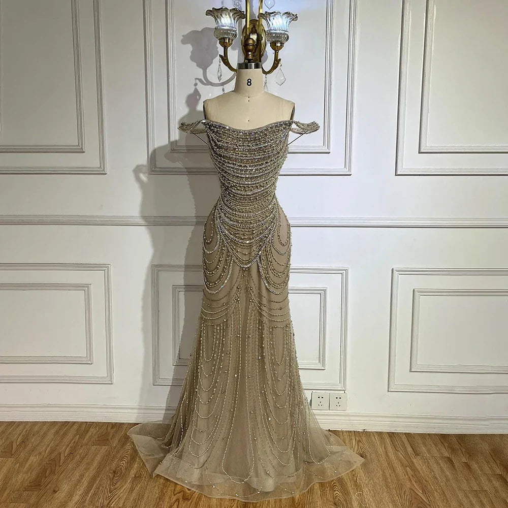Kosovo Luxury Pearls Beaded Mermaid Off Shoulder Elegant Evening Dress CLA72253