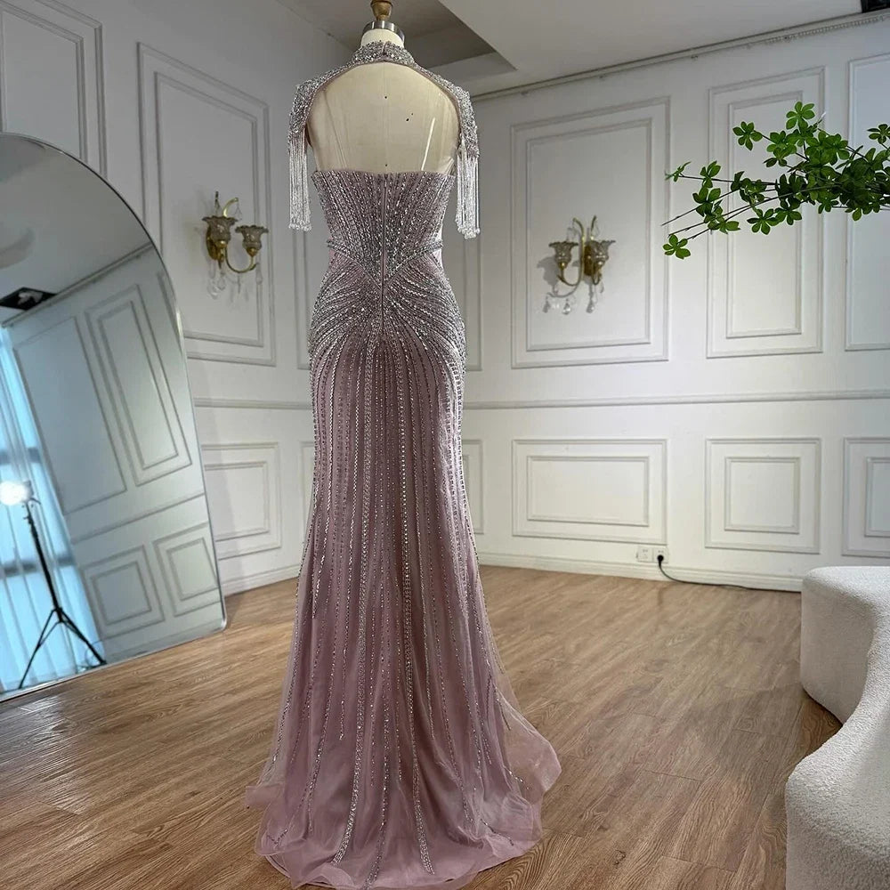 Arabic Luxury Beaded Mermaid Evening Dress With Detachable Tassels Cape CLA72891A