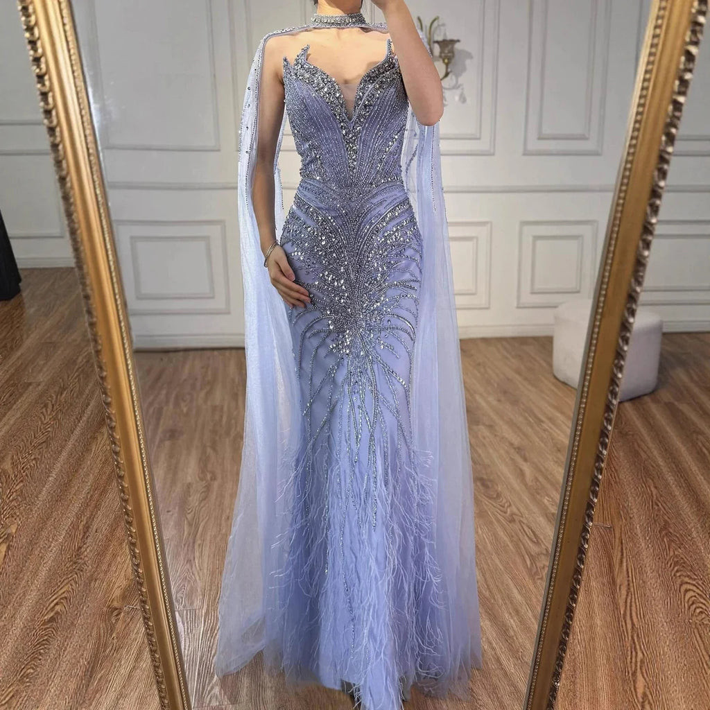 Luxury Beaded Feathers Evening Dress Mermaid With Cape Gown For Formal Occasion CLA72882