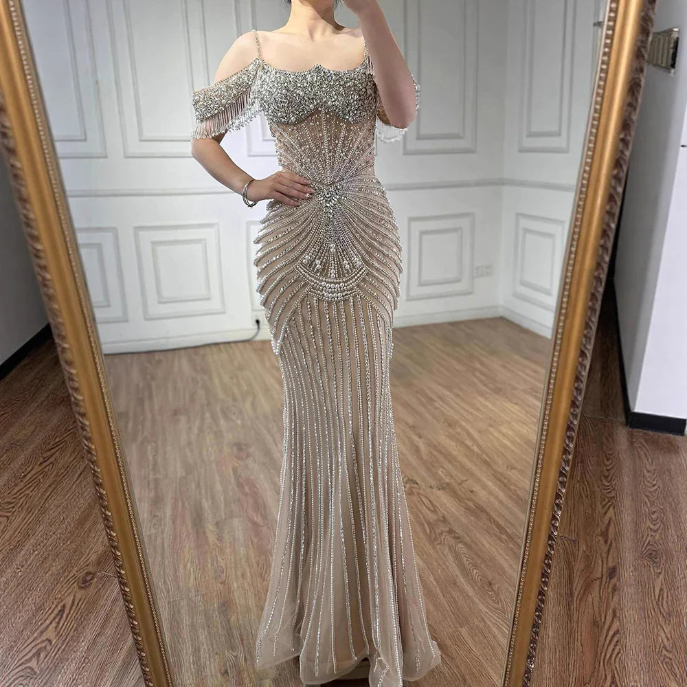 Luxury Sage Green Pearls Beaded Mermaid Evening Dress Off Shoulder CLA73148