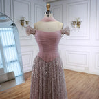 Simple Arabic Pink Pearls Beaded Evening Dress With Shawl CLA72922
