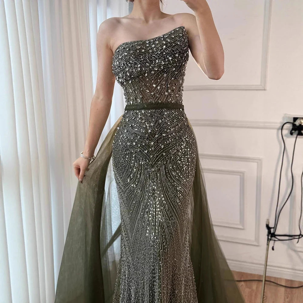 Luxury Olive Green Beaded Mermaid Evening Dress With Overskirt CLA73164A