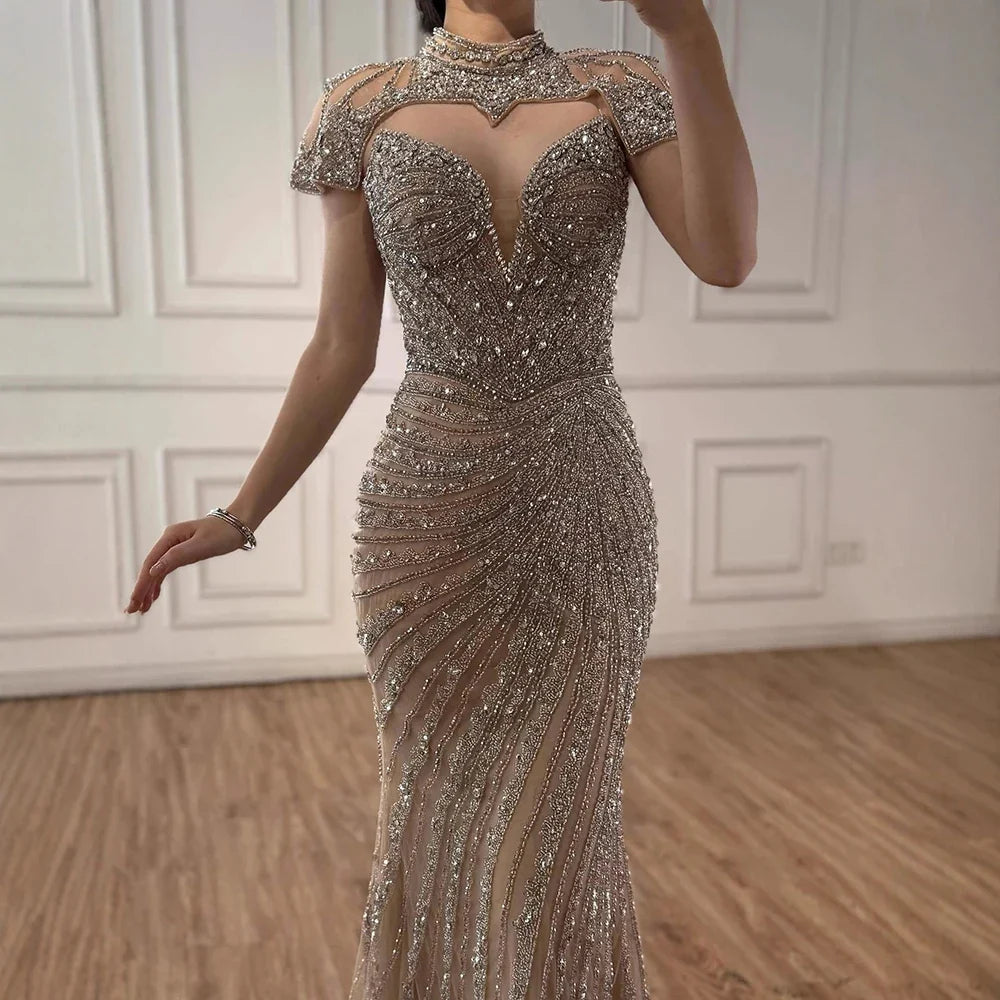 Arabic Luxury Beaded Mermaid Strapless With Detachable Cape Evening Dress CLA73087