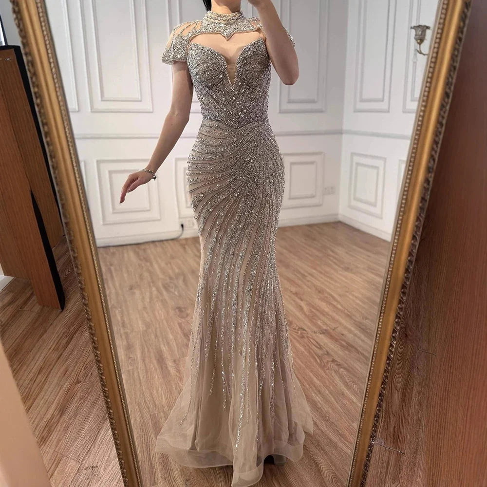 Arabic Luxury Beaded Mermaid Strapless With Detachable Cape Evening Dress CLA73087