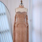 Luxury Rose Gold Beaded Off-Shoulder Evening Dress With Cape Sleeves CLA73076