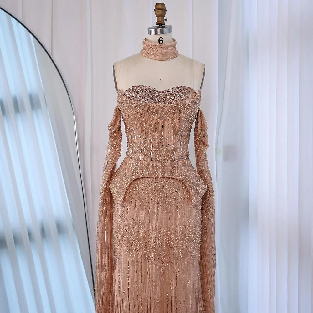 Luxury Rose Gold Beaded Off-Shoulder Evening Dress With Cape Sleeves CLA73076