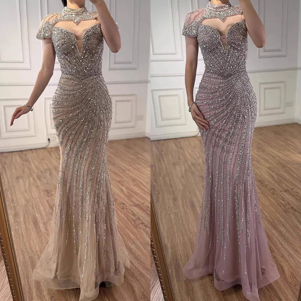 Arabic Luxury Beaded Mermaid Strapless With Detachable Cape Evening Dress CLA73087