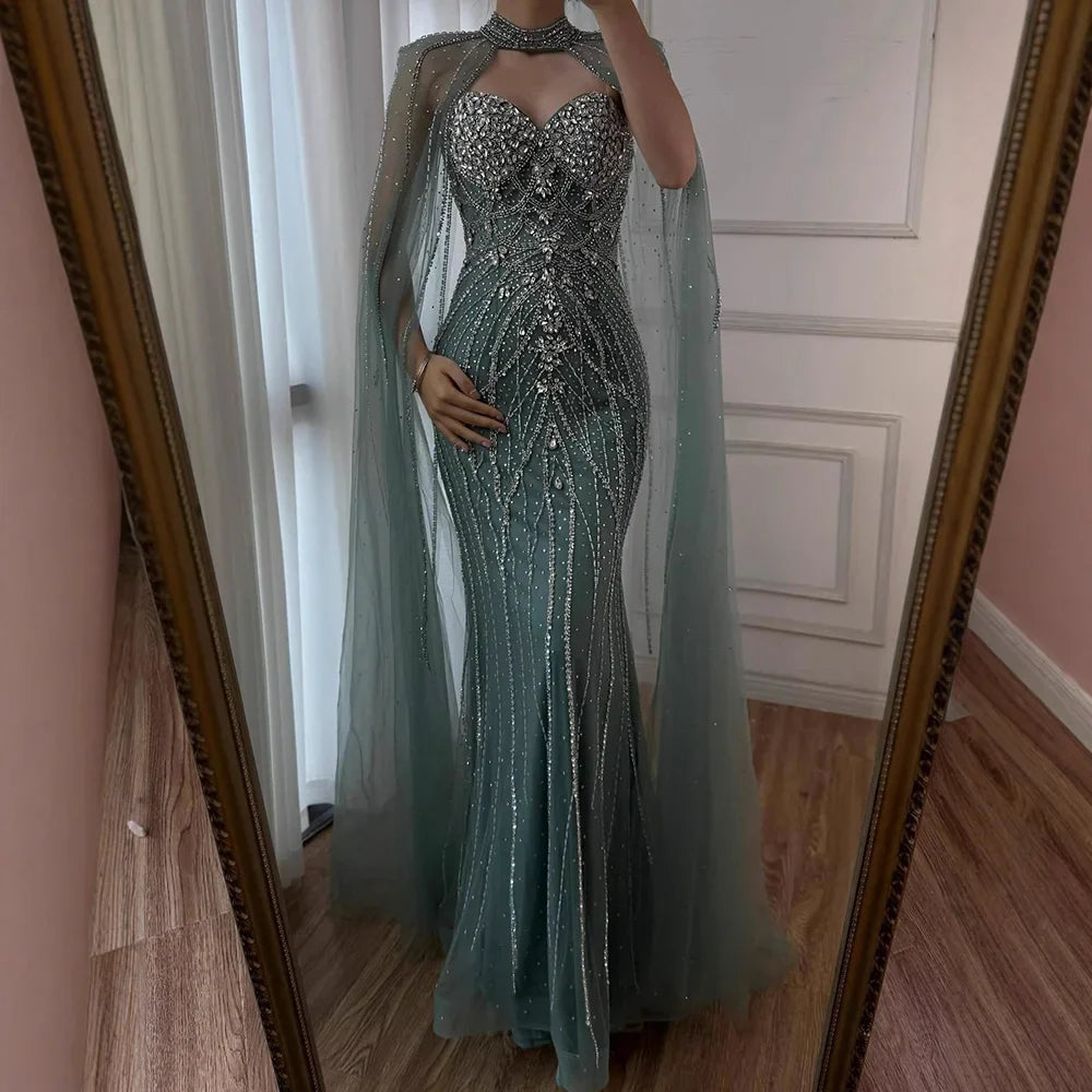 Luxury Turquoise Beaded Cape Sleeve Saudi Arabic Evening Dress LA73136A