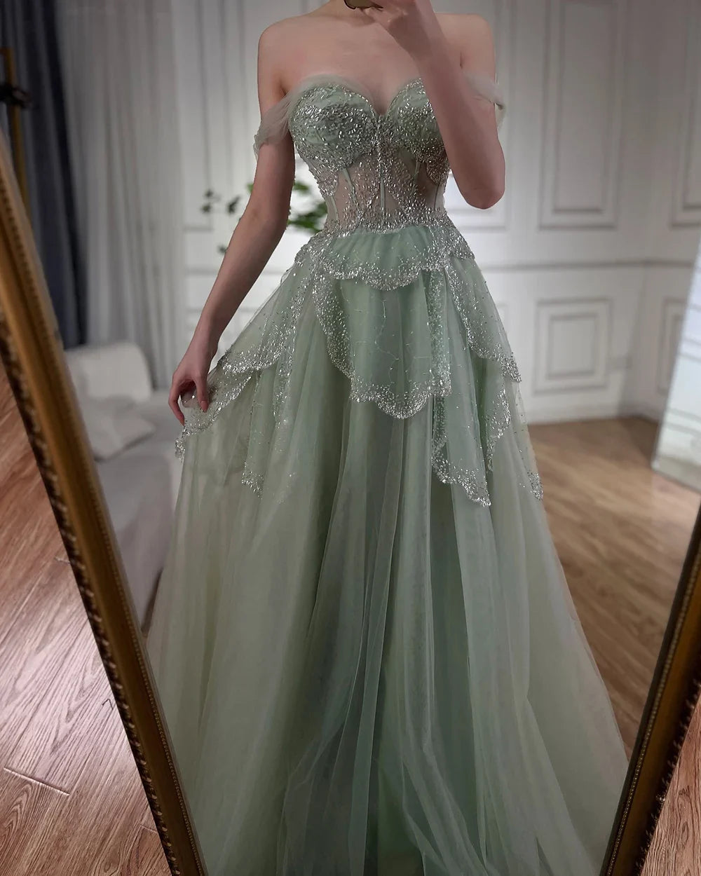 Luxury Sage Green Beaded A-Line Off-Shoulder Evening Dress CLA72605