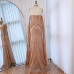 Luxury Rose Gold Beaded Off-Shoulder Evening Dress With Cape Sleeves CLA73076
