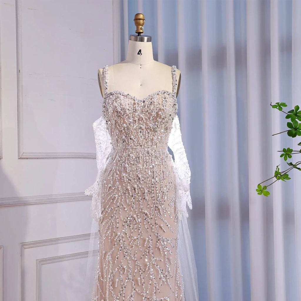 Luxury Lace Pearls Mermaid Evening Dress With Glove White Nude CLA72345E