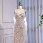Luxury Lace Pearls Mermaid Evening Dress With Glove White Nude CLA72345E