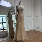 Luxury Nude One Shoulder Long Sleeve Beaded Evening Dress CLA73180