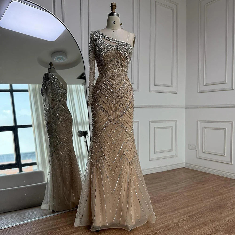 Luxury Nude One Shoulder Long Sleeve Beaded Evening Dress CLA73180