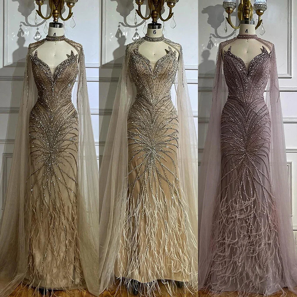 Luxury Beaded Feathers Evening Dress Mermaid With Cape Gown For Formal Occasion CLA72882