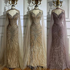 Luxury Beaded Feathers Evening Dress Mermaid With Cape Gown For Formal Occasion CLA72882
