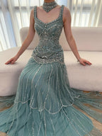 Luxury Turquoise Arabic Mermaid Beaded Evening Dress CLA73189B
