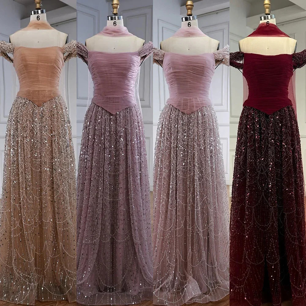 Simple Arabic Pink Pearls Beaded Evening Dress With Shawl CLA72922