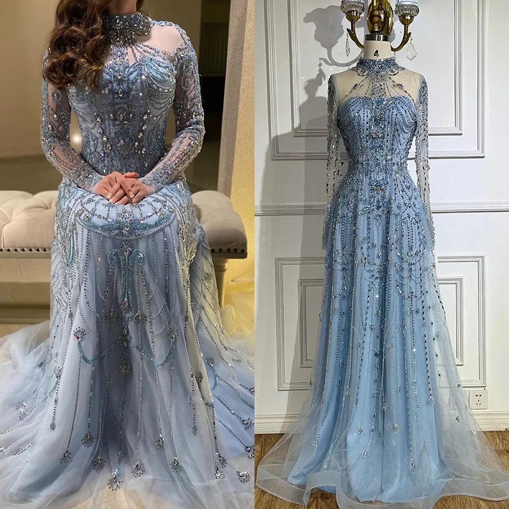 Luxury Dubai Designer Modest A-Line Blue Lace Beaded Evening Dresses CLA72704