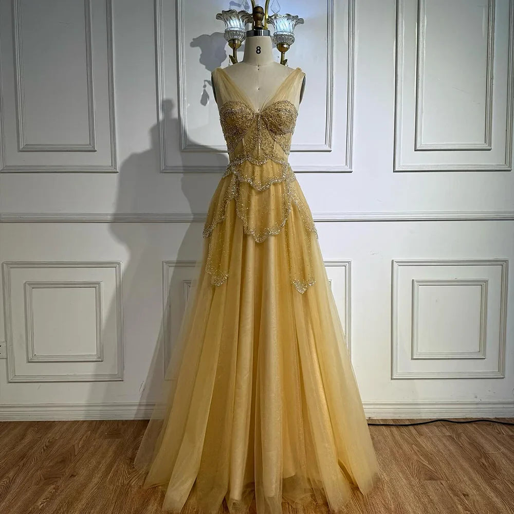 Luxury Sage Green Beaded A-Line Off-Shoulder Evening Dress CLA72605