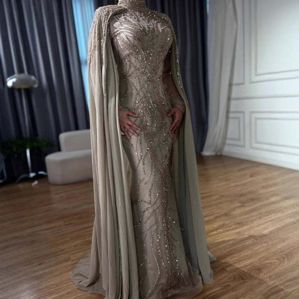 Modest Muslim Pink Evening Dress With Cape Long Sleeves CLA72413A