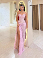 Luxury Pink Saudi Arabic Lace Embroidery Evening Dress CLA73373