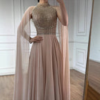 Luxury Nude Chiffon Beaded Evening Dress with Cape LA73144