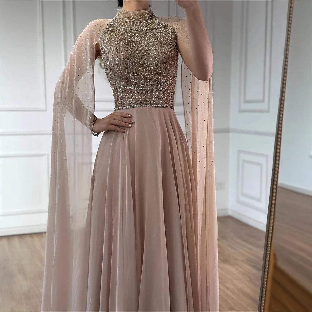 Luxury Nude Chiffon Beaded Evening Dress with Cape LA73144
