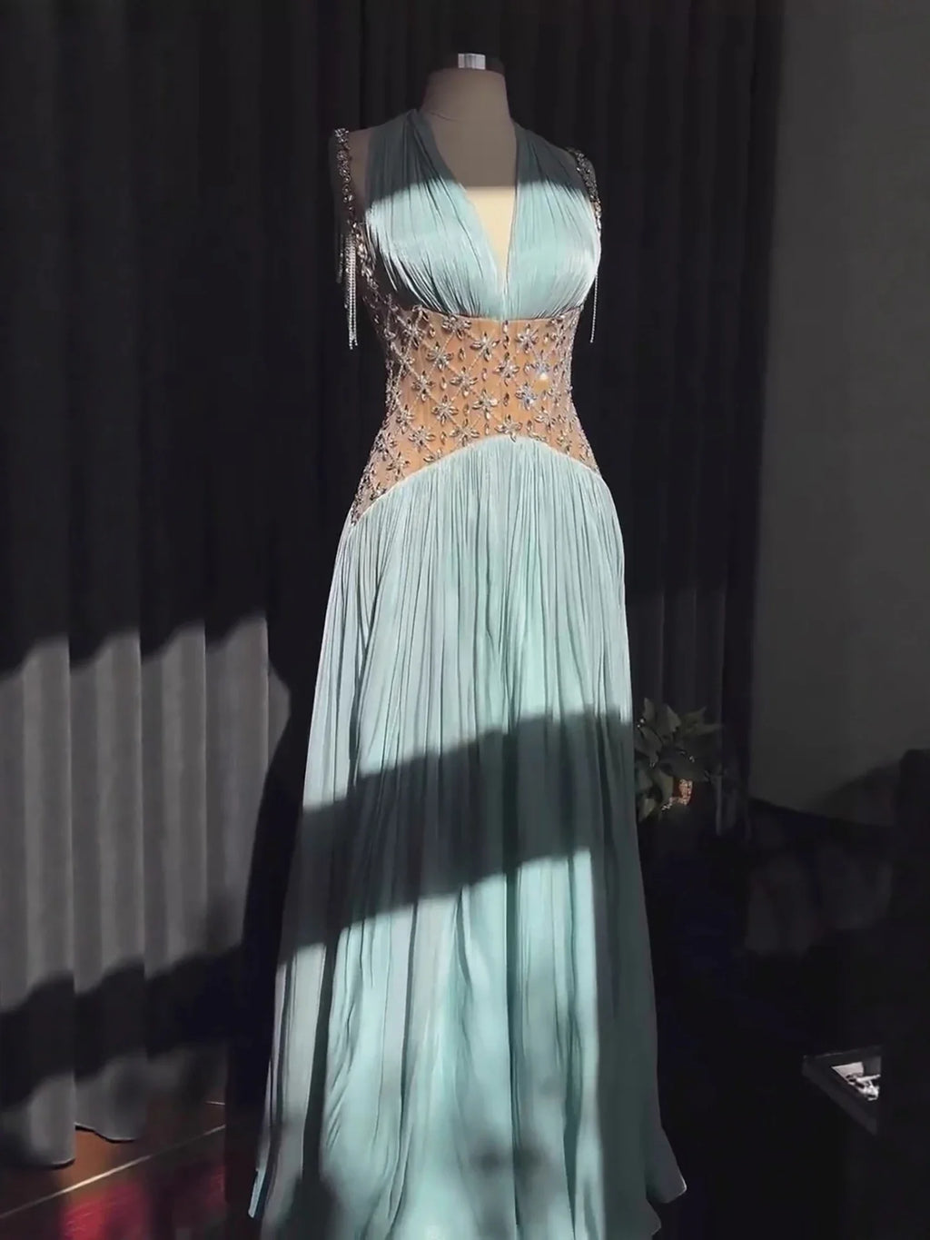 Turquoise Beaded A-Line Simple Style Evening Dress CLA73421