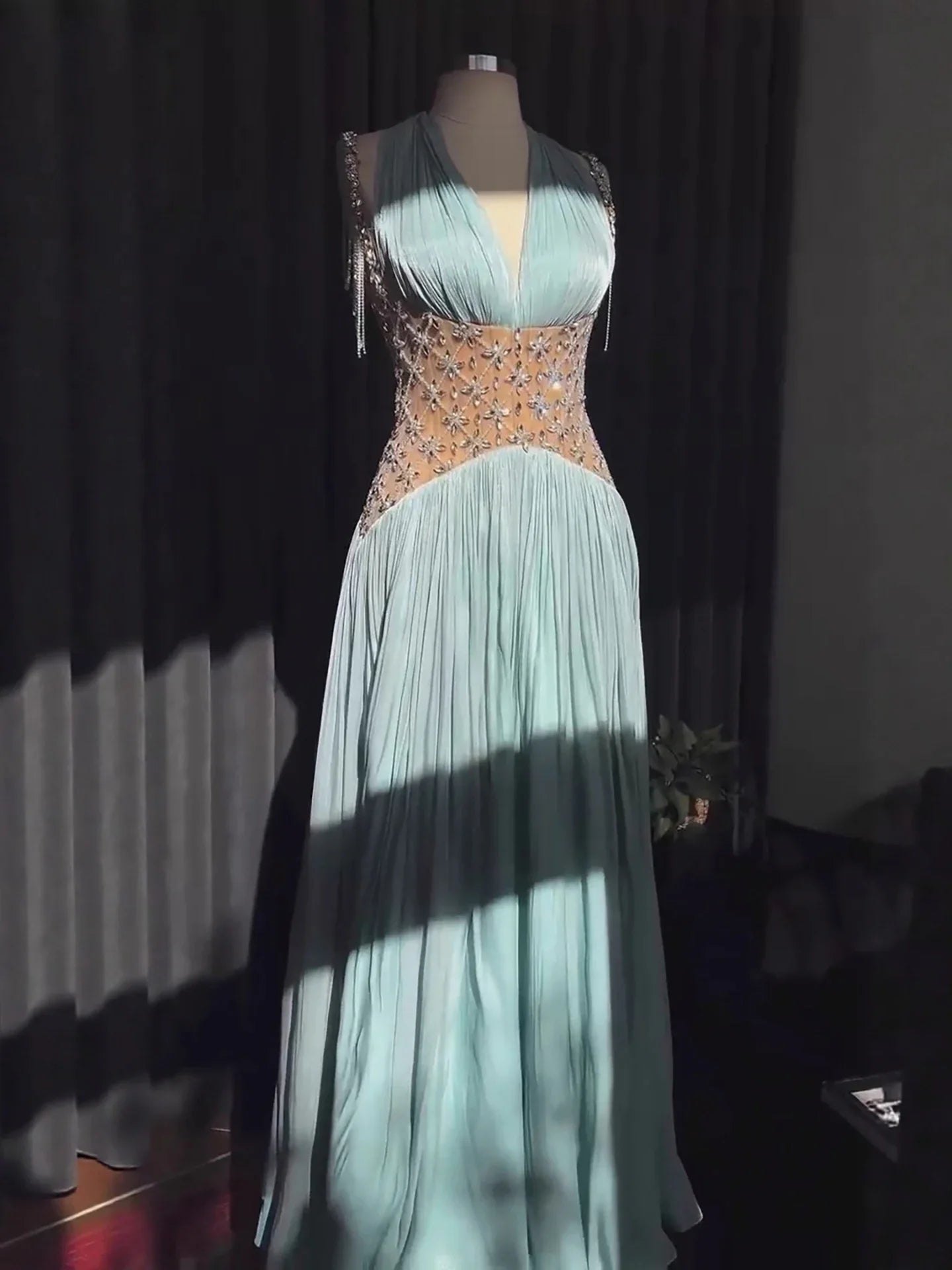 Turquoise Beaded A-Line Simple Style Evening Dress CLA73421