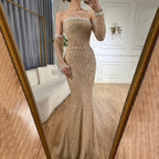 Arabic Elegant Nude Pearls Beaded Mermaid Strapless Evening Dress With Gloves CLA72649