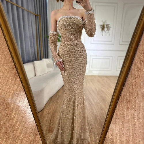 Arabic Elegant Nude Pearls Beaded Mermaid Strapless Evening Dress With Gloves CLA72649