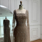 Luxury Arabic Caramel Beaded Evening Dress With Cape Sleeves CLA72966A