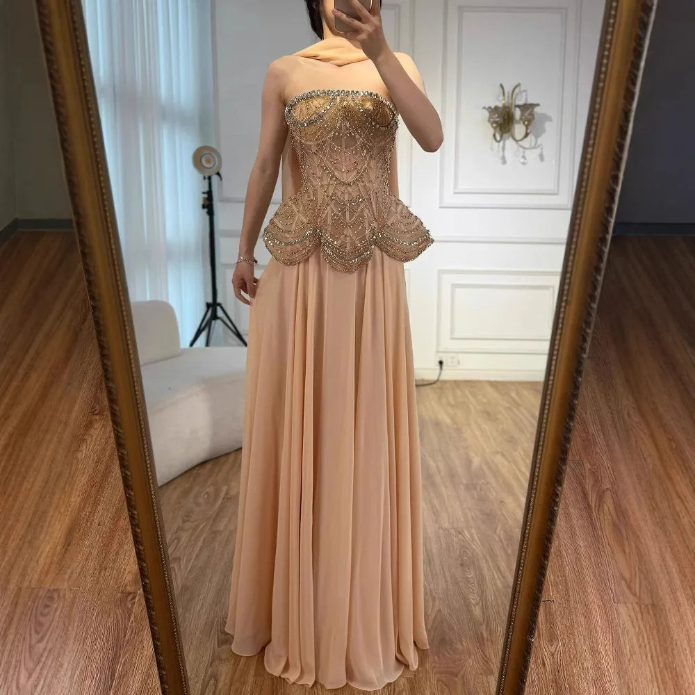 Luxury Designer Nude Beaded Chiffon Evening Dress CLA72915