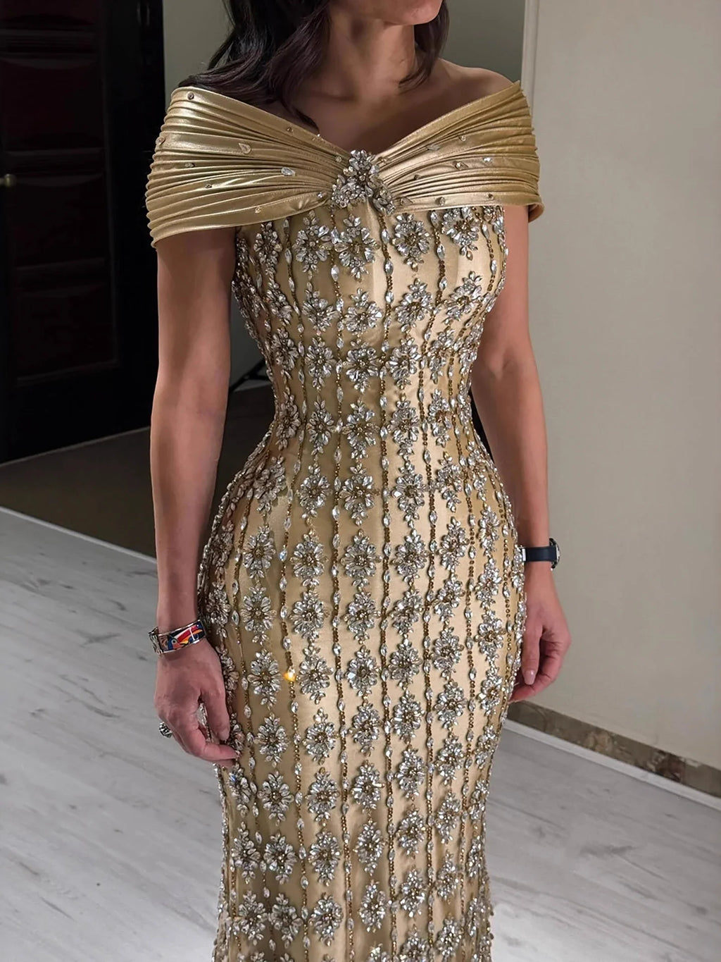 Arabic Luxury Gold Beaded Mermaid Evening Dress CLA73362