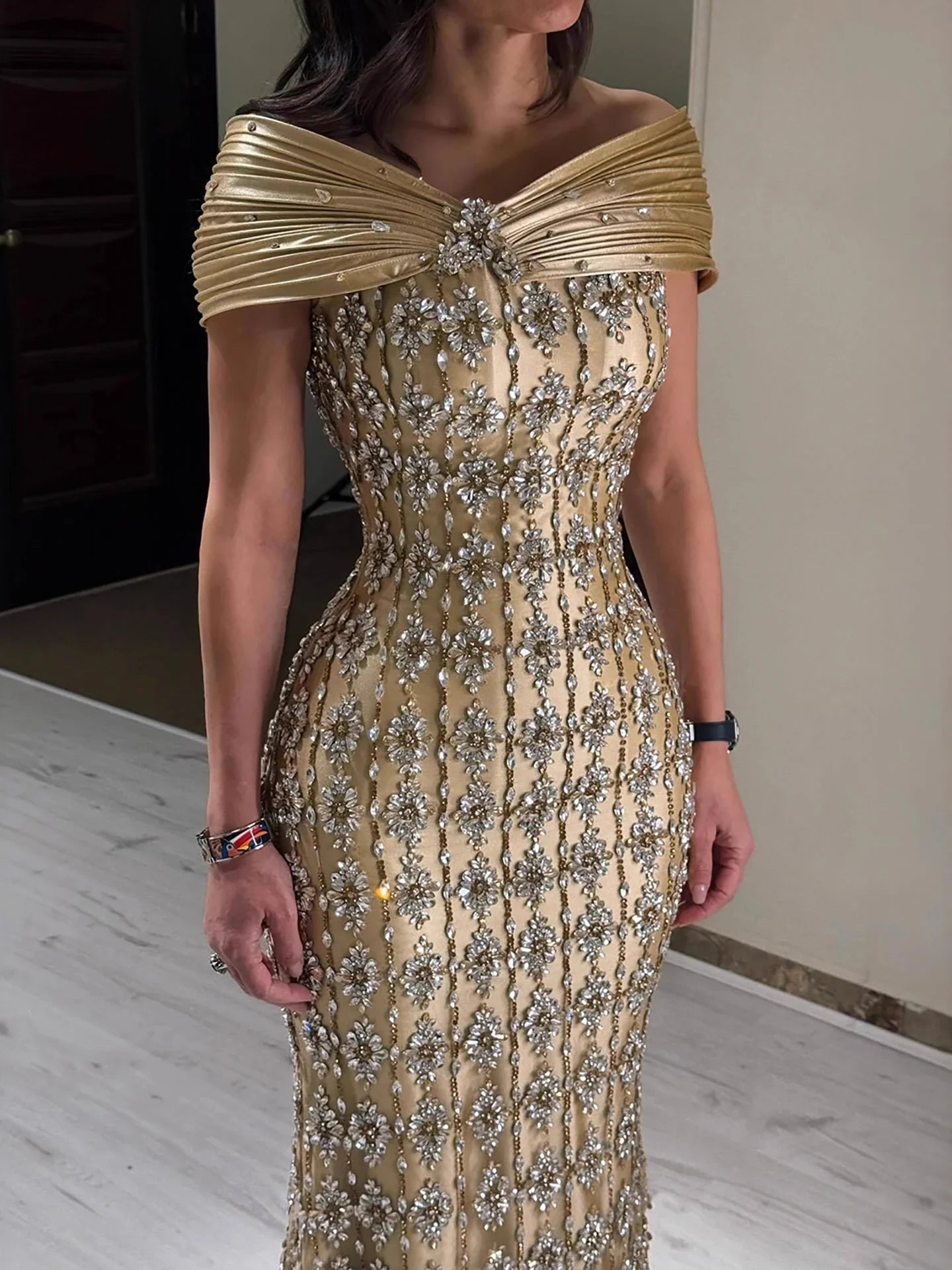 Arabic Luxury Gold Beaded Mermaid Evening Dress CLA73362
