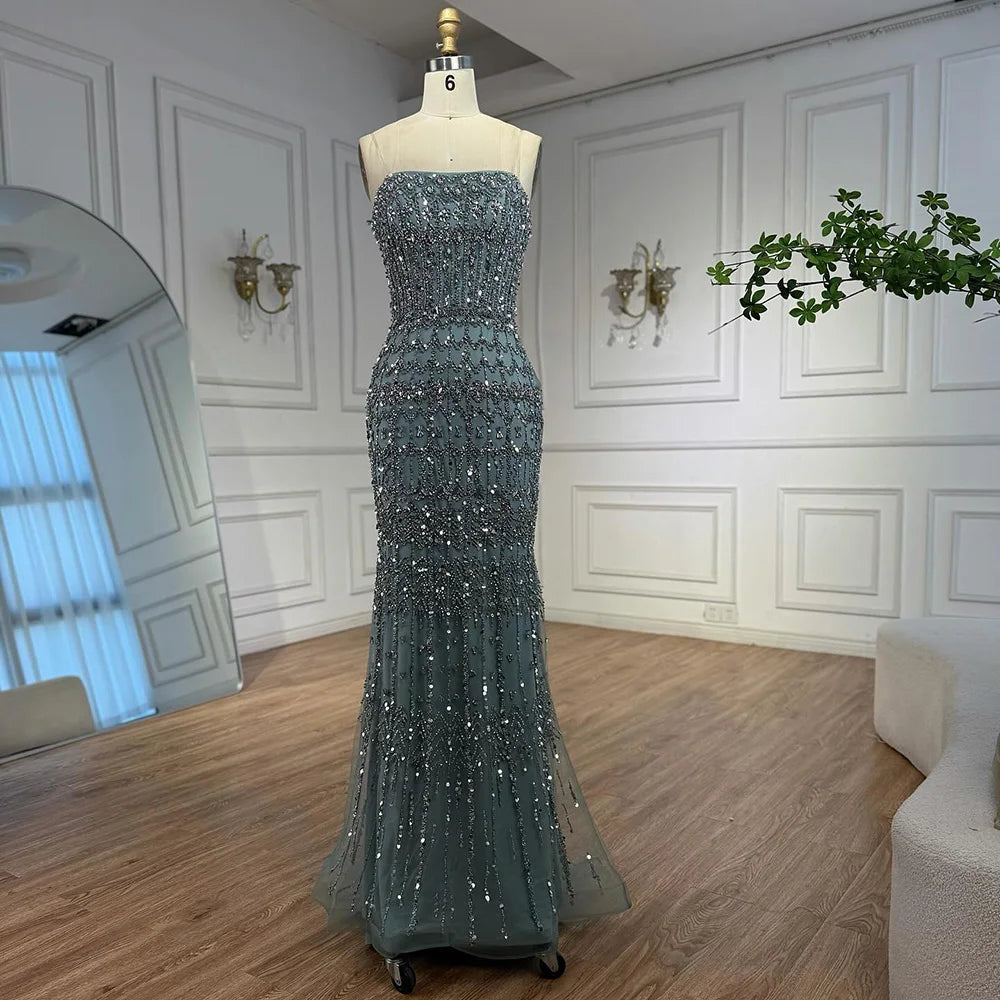 Arabic Luxury Beaded Strapless Mermaid Evening Dress With Cape Women Wedding Party Gown CLA72714B