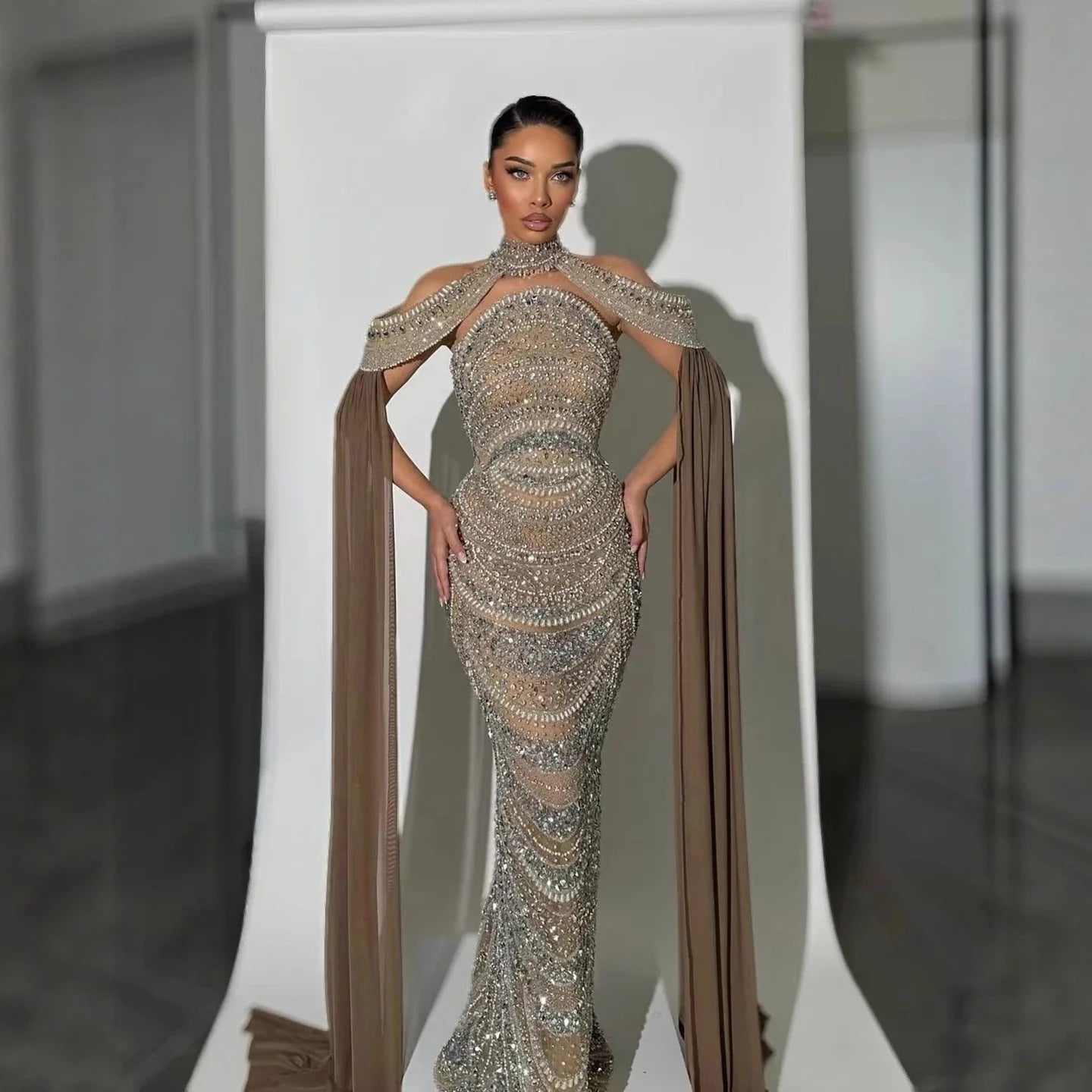 Luxury Caramel Kosovo Beaded Evening Dress Cape Sleeves CLA73344
