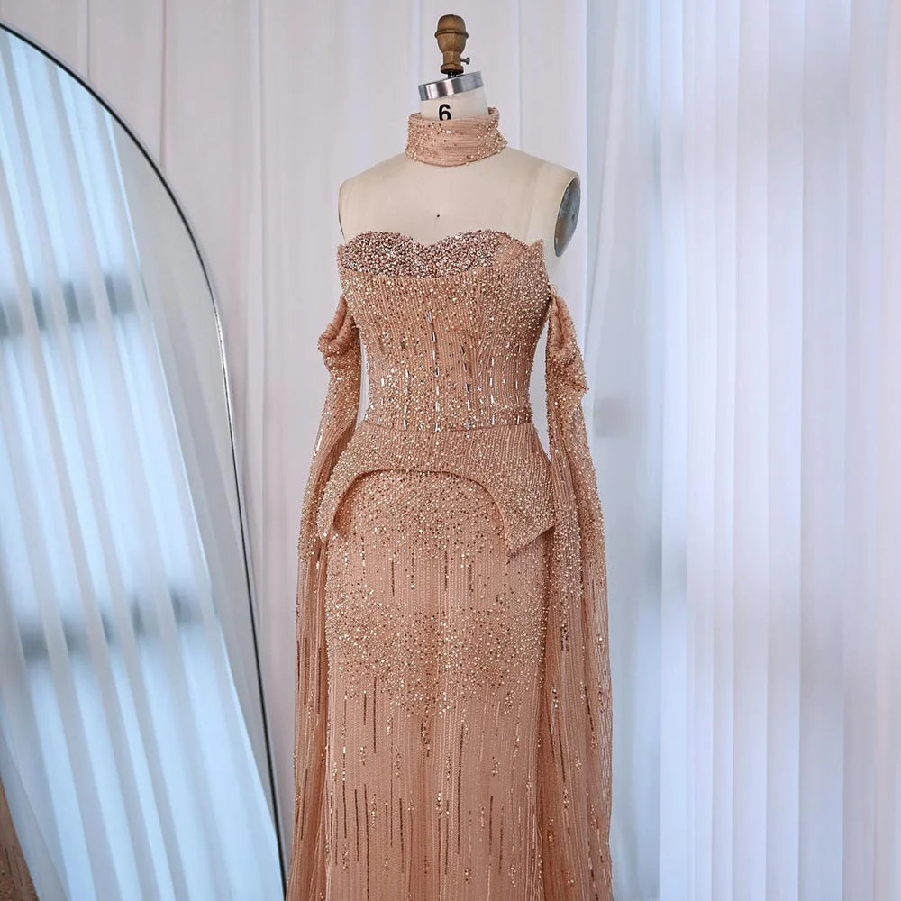 Luxury Rose Gold Beaded Off-Shoulder Evening Dress With Cape Sleeves CLA73076